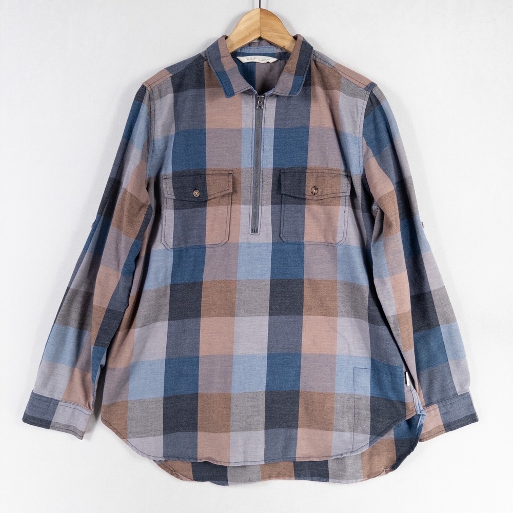 Woolrich Shirt Womens Large Blue Brown Plaid Pockets 1/2 Zip Collared Tab Sleeve